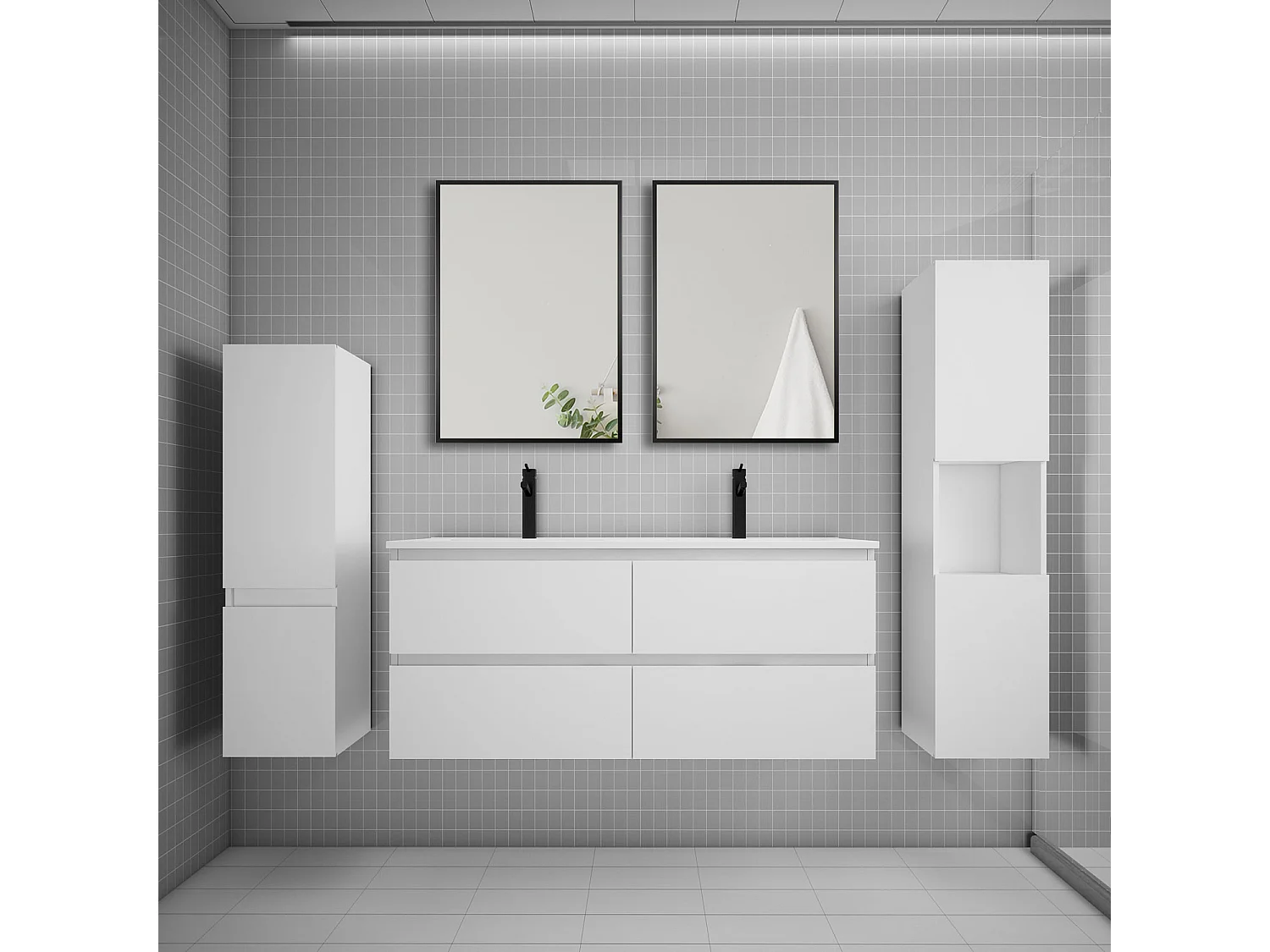 Ensemble meuble de salle de bains 120cm vasque + colonne + miroir mural,blanc