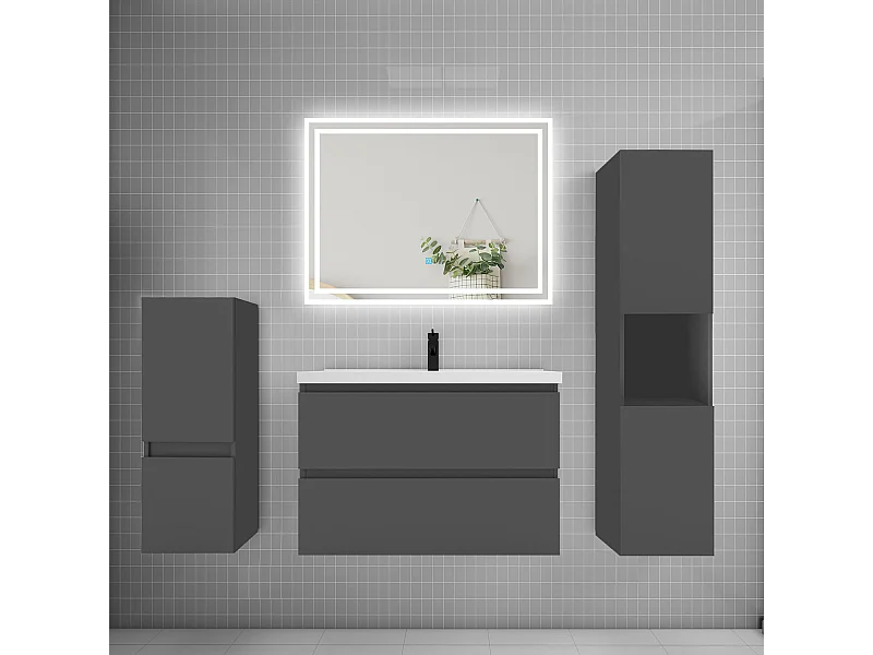 Ensemble meuble de salle de bain 80cm, simple vasque + colonne + LED miroir,anthracite