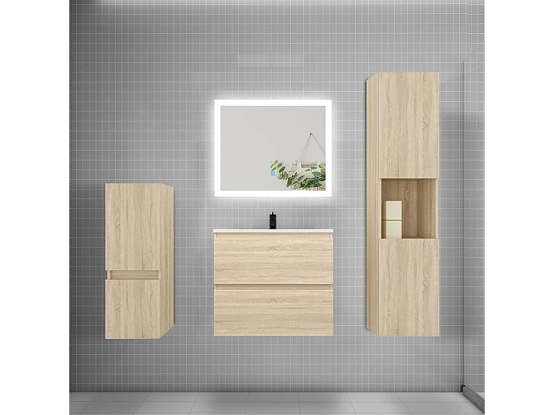 Ensemble meuble de salle de bain 60cm, vasque + colonne + LED miroir rectangulaire,chêne