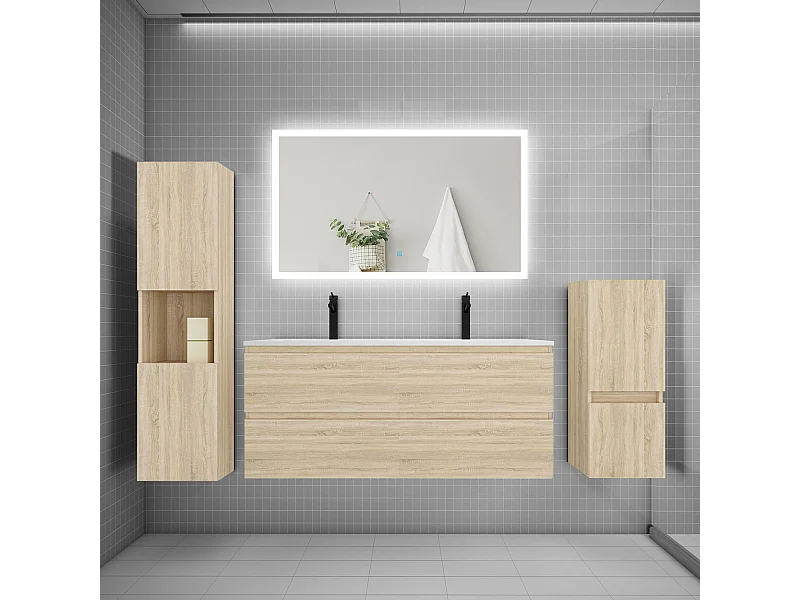 Ensemble meuble de salle de bain 120cm, double vasque + colonne + LED miroir rectangulaire,chêne
