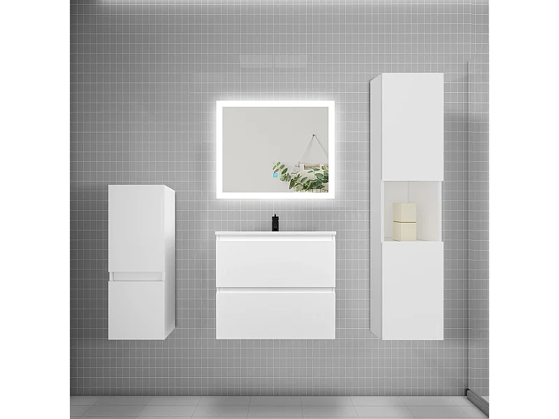 Ensemble meuble de salle de bain 60cm, vasque + colonne + LED miroir rectangulaire,blanc
