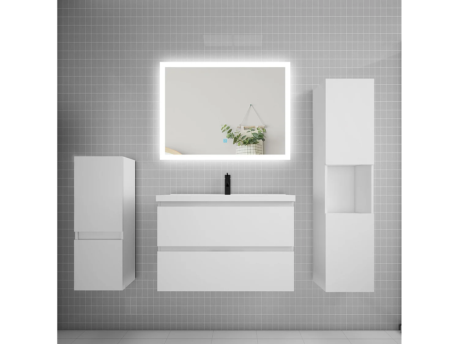Ensemble meuble de salle de bain 80cm, simple vasque + colonne + LED miroir rectangulaire,blanc