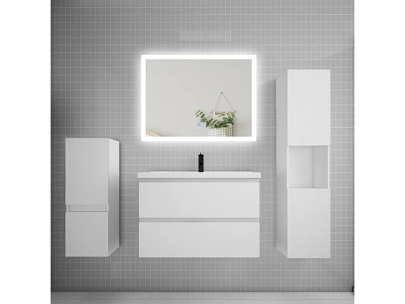 Ensemble meuble de salle de bain 80cm, simple vasque + colonne + LED miroir rectangulaire,blanc