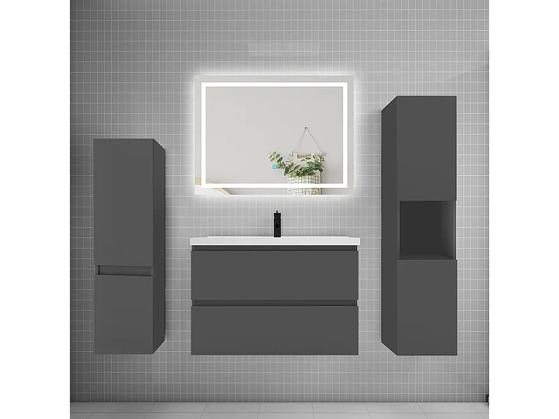 Ensemble meuble de salle de bains 80cm, vasque et colonne et LED miroir,anthracite