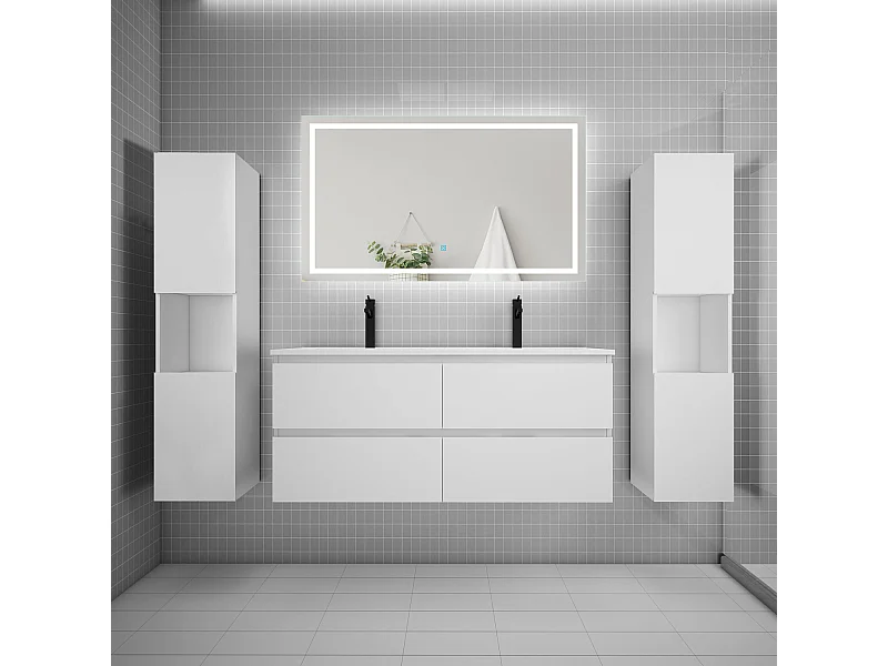 Ensemble meuble de salle de bains 120cm, vasque + colonne + LED miroir mural,blanc