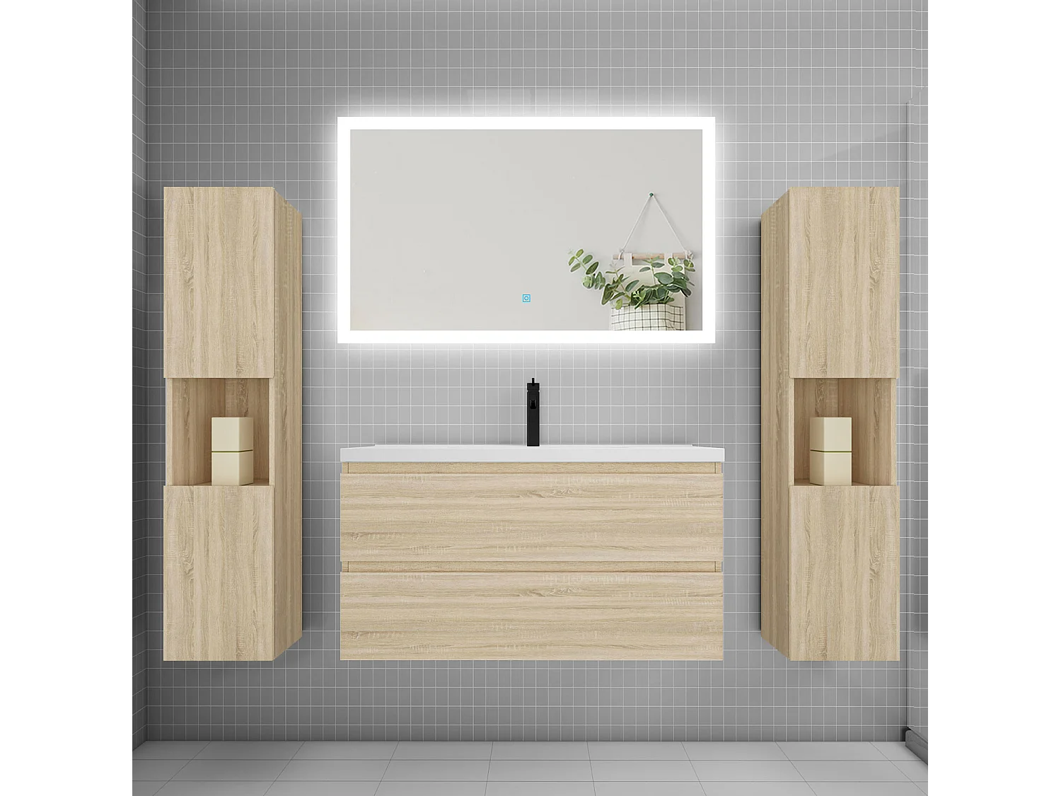 Ensemble meuble de salle de bains 100cm, simple vasque + colonne + LED miroir rectangulaire,chêne