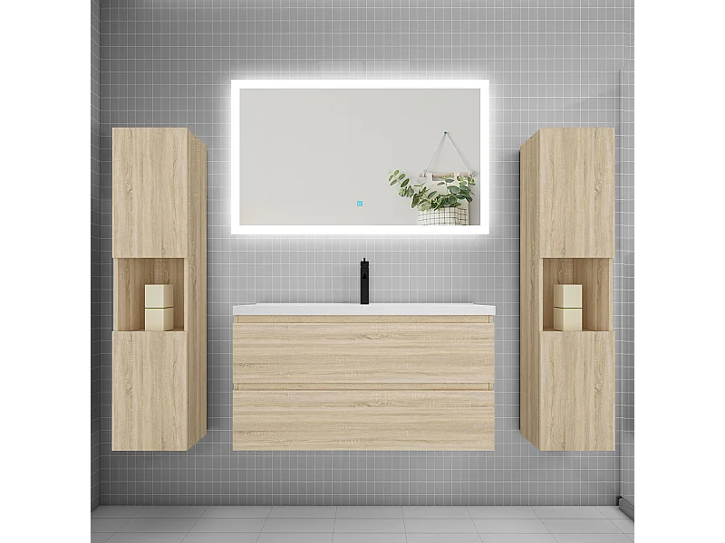 Ensemble meuble de salle de bains 100cm, simple vasque + colonne + LED miroir rectangulaire,chêne