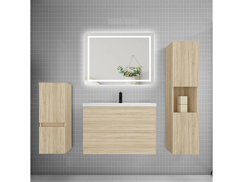Ensemble meuble de salle de bain 80cm, vasque + colonne + LED miroir,chêne