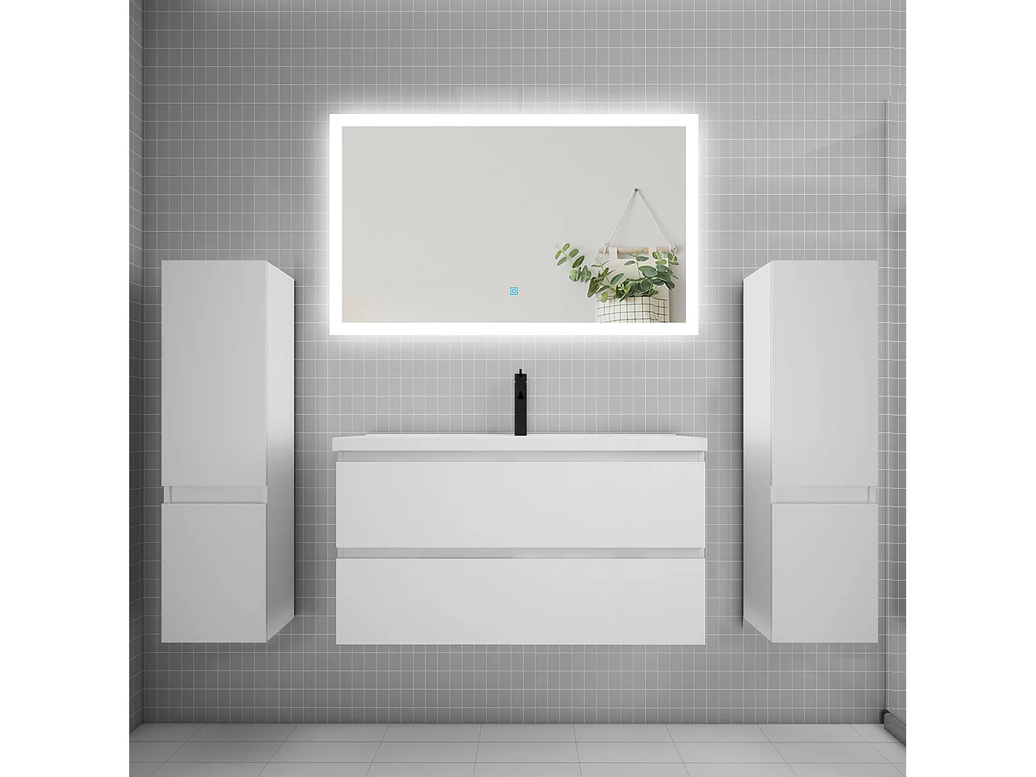 Ensemble meuble de salle de bains 100cm, simple vasque + colonne + miroir rectangulaire,blanc