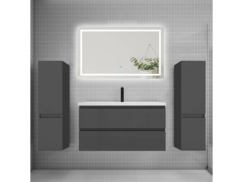 Ensemble meuble de salle de bains 100cm, vasque + colonne + LED miroir,anthracite