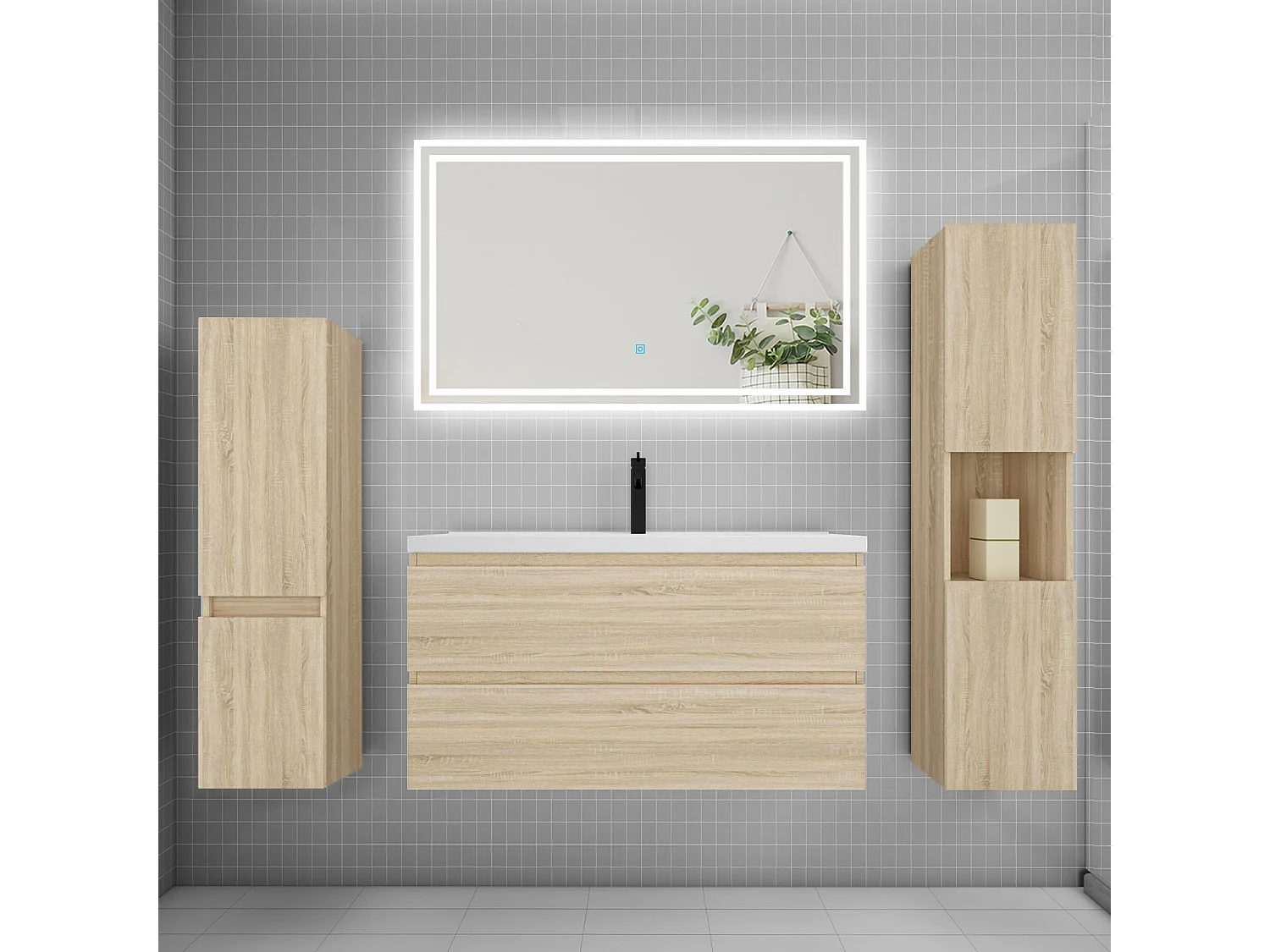Ensemble meuble de salle de bains 100cm, simple vasque et colonne et LED miroir,chêne