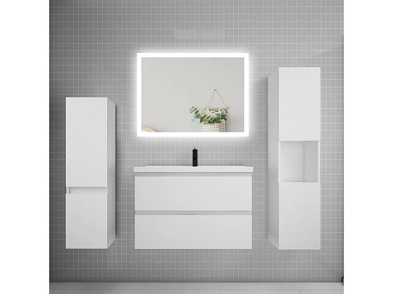 Ensemble meuble de salle de bains 80cm, simple vasque et colonne et LED miroir rectangulaire,blanc