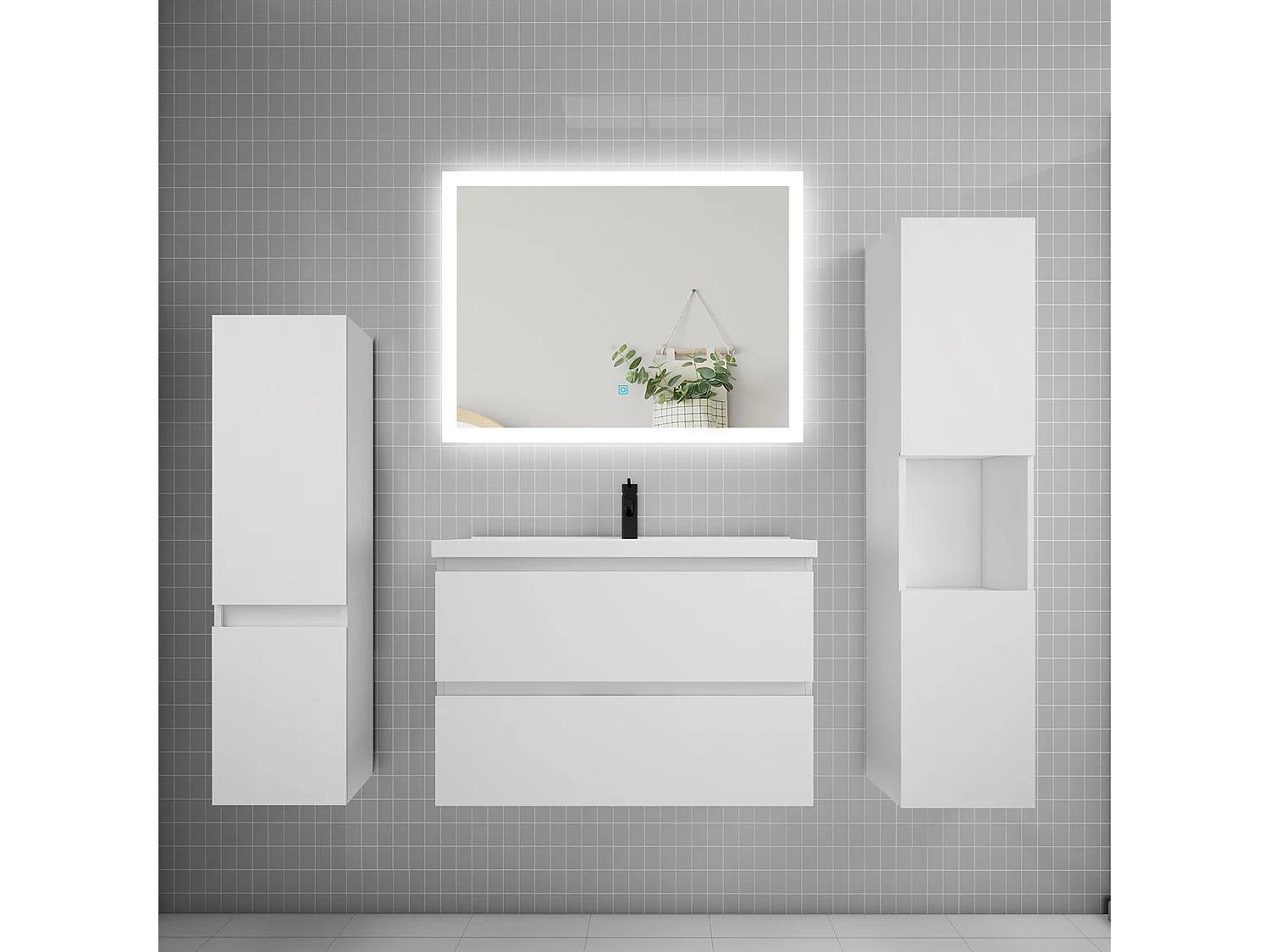 Ensemble meuble de salle de bains 80cm, simple vasque et colonne et LED miroir rectangulaire,blanc