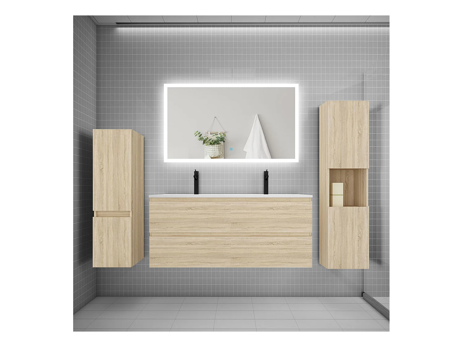 Ensemble meuble de salle de bains 120cm, double vasque et colonne et LED miroir rectangulaire,chêne