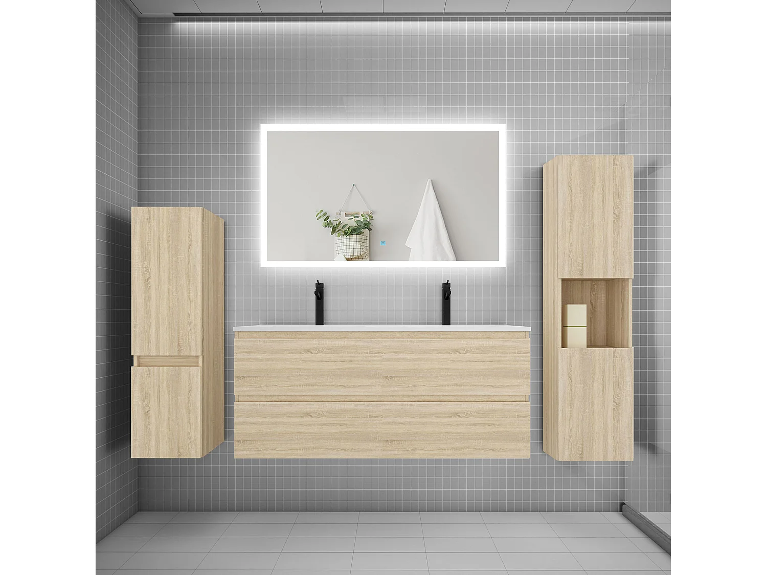 Ensemble meuble de salle de bains 120cm, double vasque et colonne et LED miroir rectangulaire,chêne