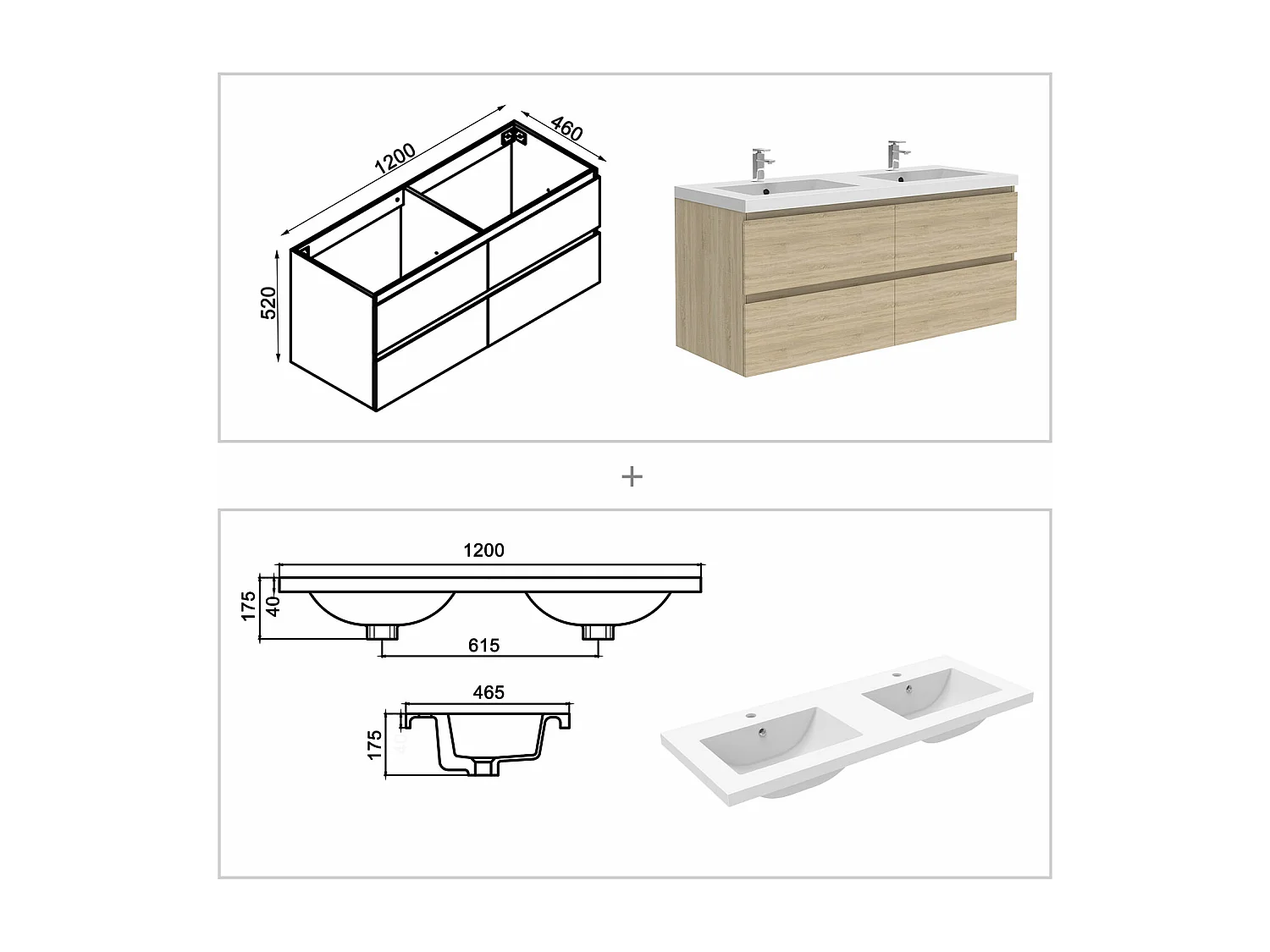 Ensemble meuble de salle de bains 120cm, double vasque et colonne et LED miroir rectangulaire,chêne