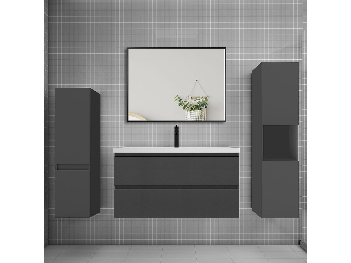 Ensemble Meuble Salle De Bain 100 Cm AICA - Vasque + Colonne + Miroir Rond Mural Anthracite (5 Pièces)