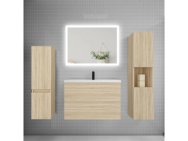 Ensemble meuble de salle de bains 80cm, simple vasque et colonne et LED miroir rectangulaire,chêne