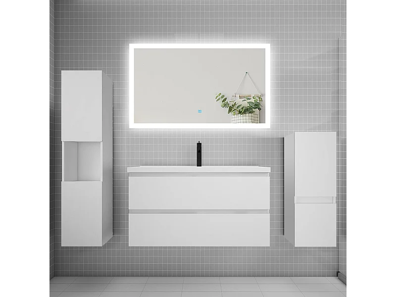 Ensemble meuble de salle de bain 100cm, simple vasque + colonne + LED miroir rectangulaire,blanc