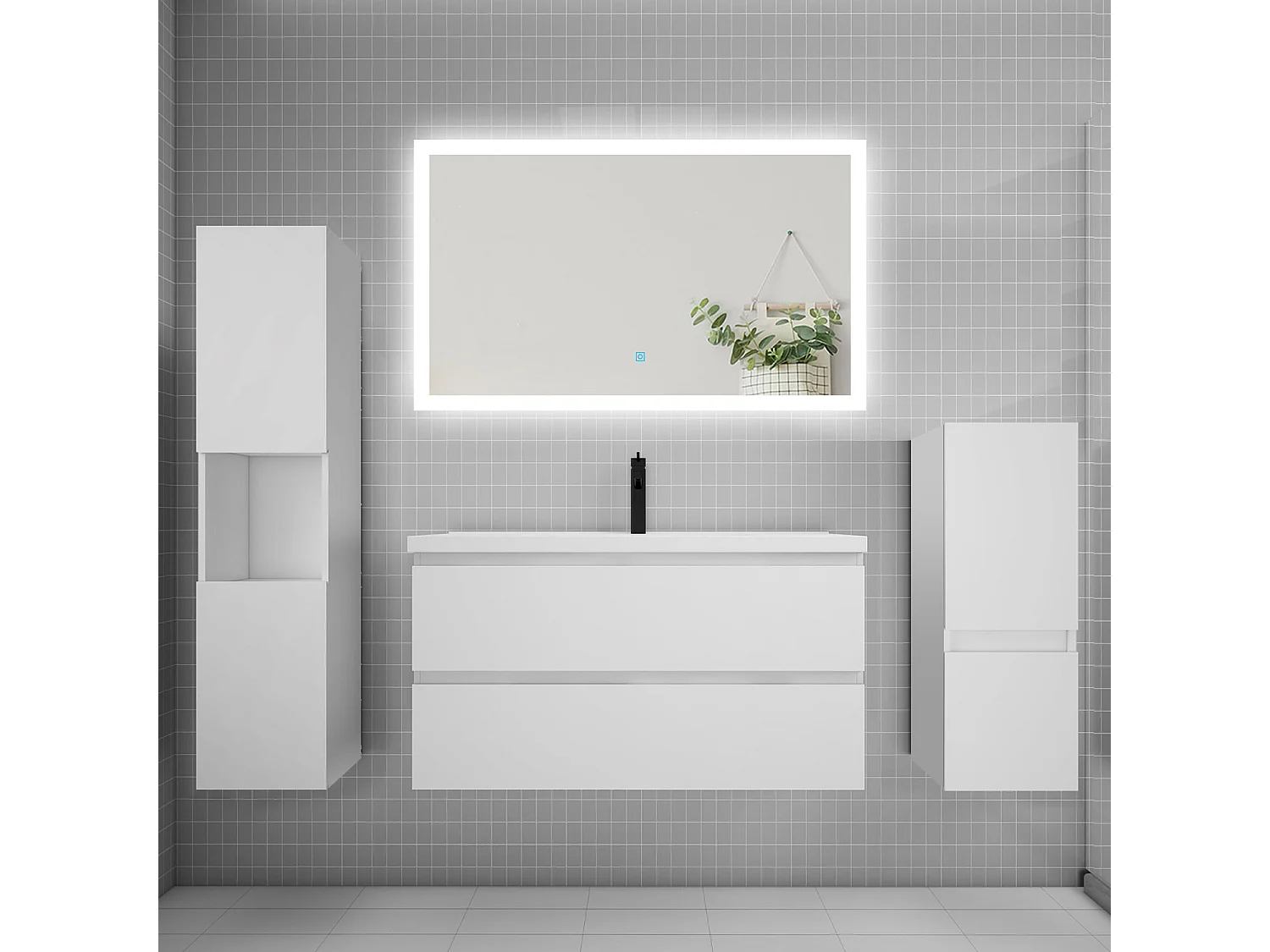 Ensemble meuble de salle de bain 100cm, simple vasque + colonne + LED miroir rectangulaire,blanc