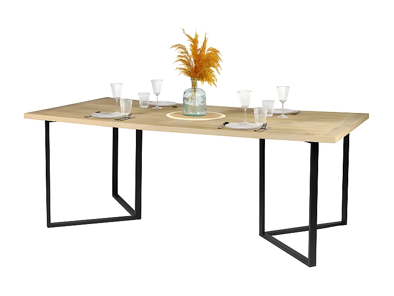 Esstisch im Designstil, Farbe helles Eichenholz mit schwarzem Metallfuß, Maße 200x100xH75cm.