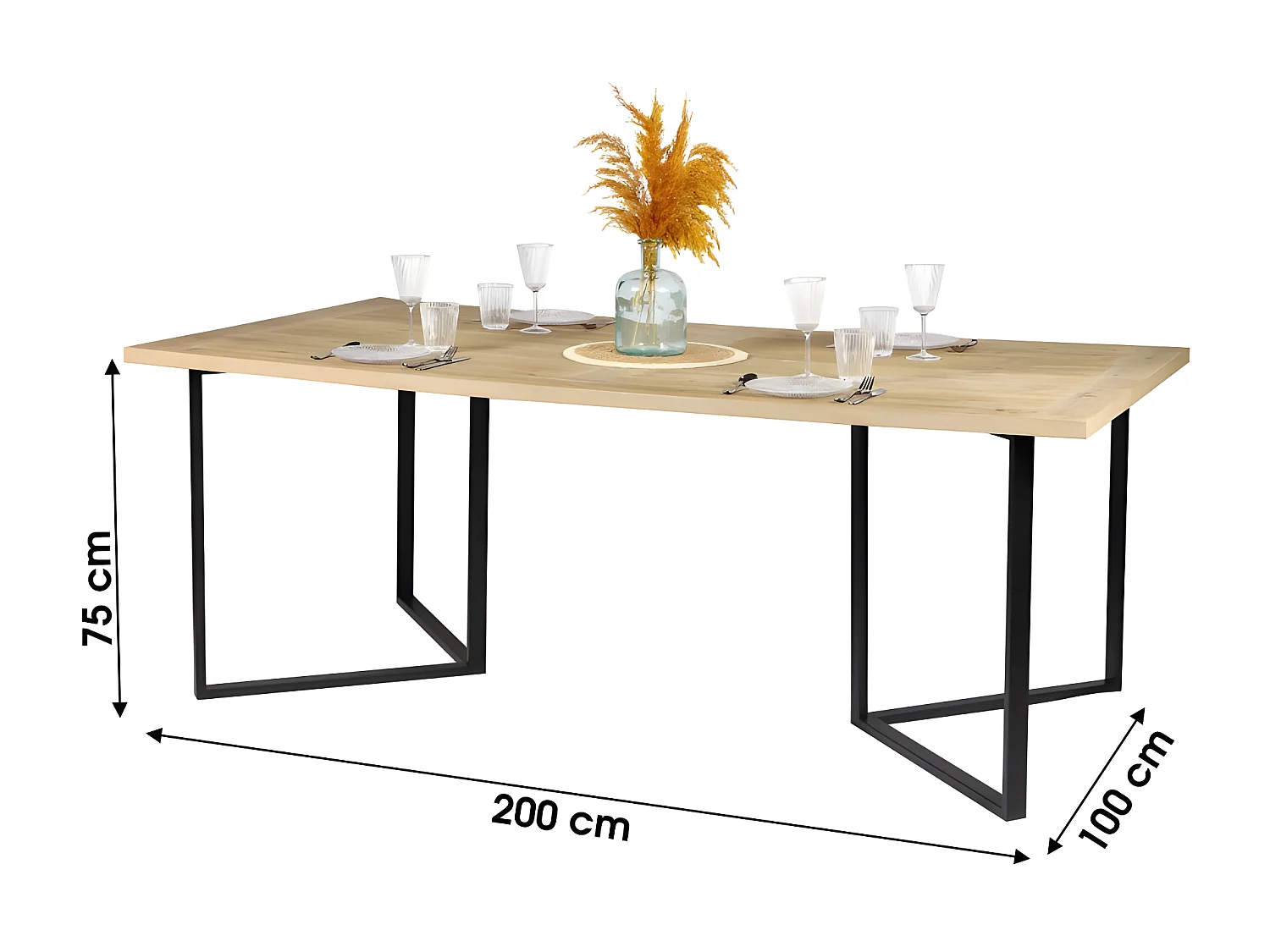 Eettafel in designstijl, lichteiken kleur met zwart metalen poot, afmetingen 200x100xH75cm