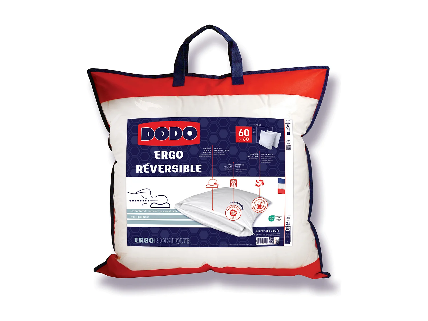 Oreiller DODO ergonomique anti-acariens à mémoire de forme - 60 x 60 cm - COEUR ADAPT