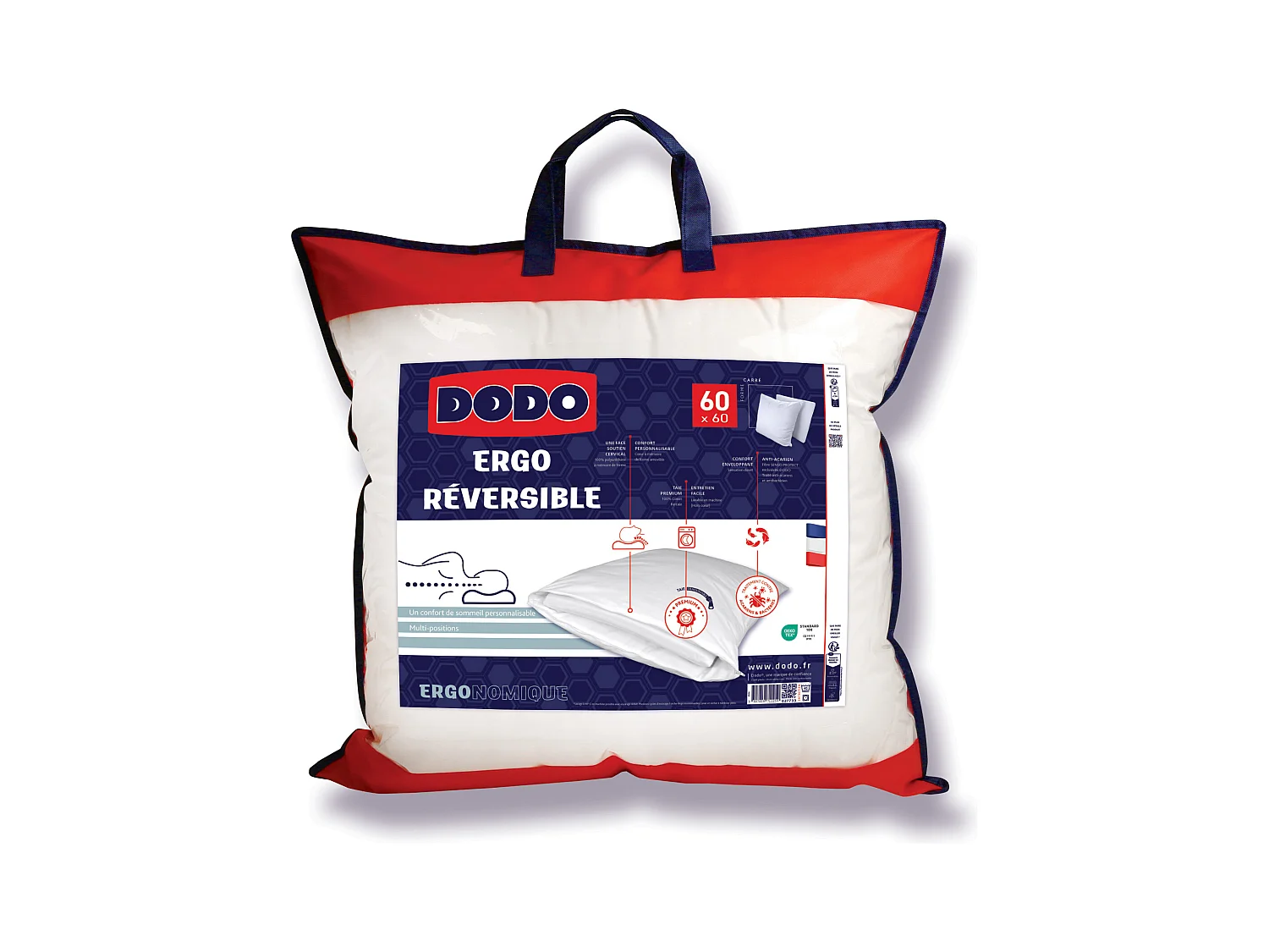 Oreiller DODO ergonomique anti-acariens à mémoire de forme - 60 x 60 cm - COEUR ADAPT