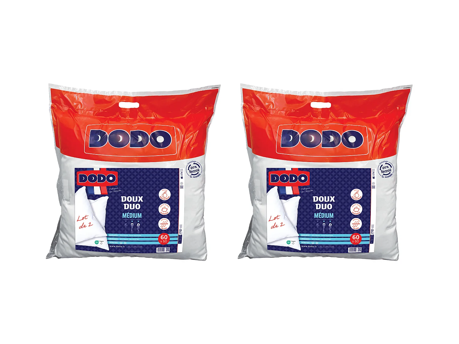 Lot de 2 oreillers DODO toucher peau de pêche  - 60  x 60 cm - DOUX DUO