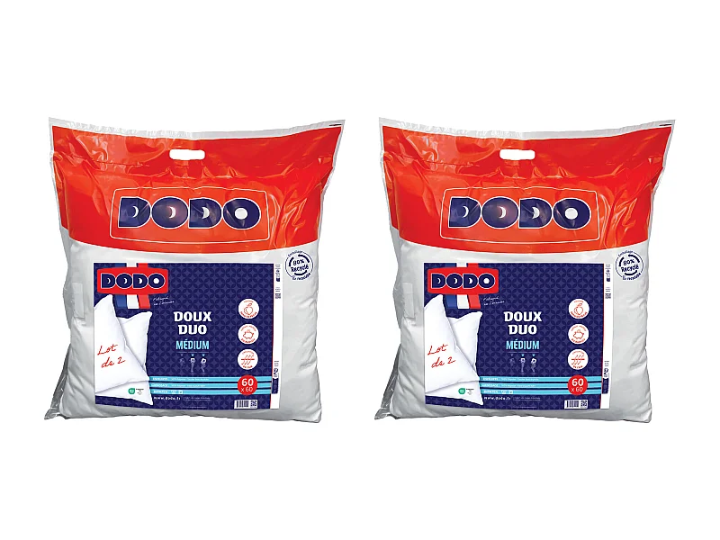 Lot de 2 oreillers DODO toucher peau de pêche  - 60  x 60 cm - DOUX DUO