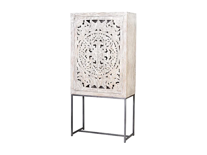 Vitrine aus Mangoholz, weiße und gealterte graue Metallbeine Blanco.Giner y Colomer 176x38x85