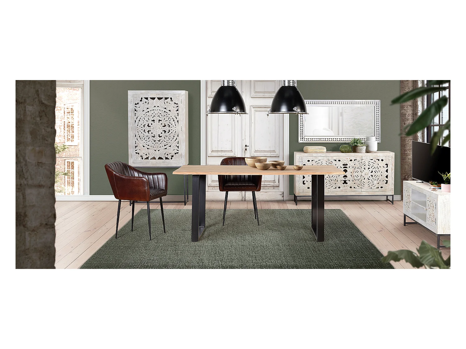 Vitrine en manguier, pieds métal blanc et gris vieilli