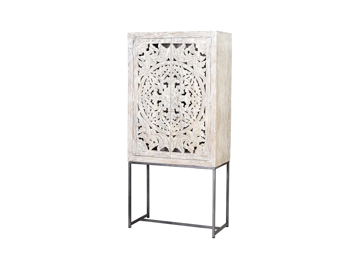 Vitrine en manguier, pieds métal blanc et gris vieilli