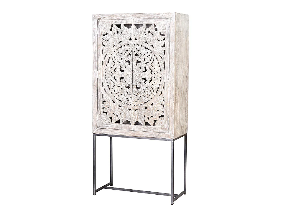 Armadio in legno di mango, stile etnico boho, intagliato, 85 cm - 176x85x38