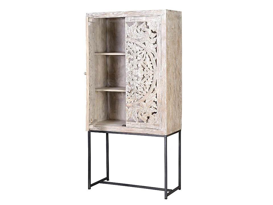 Armadio in legno di mango, stile etnico boho, intagliato, 85 cm - 176x85x38