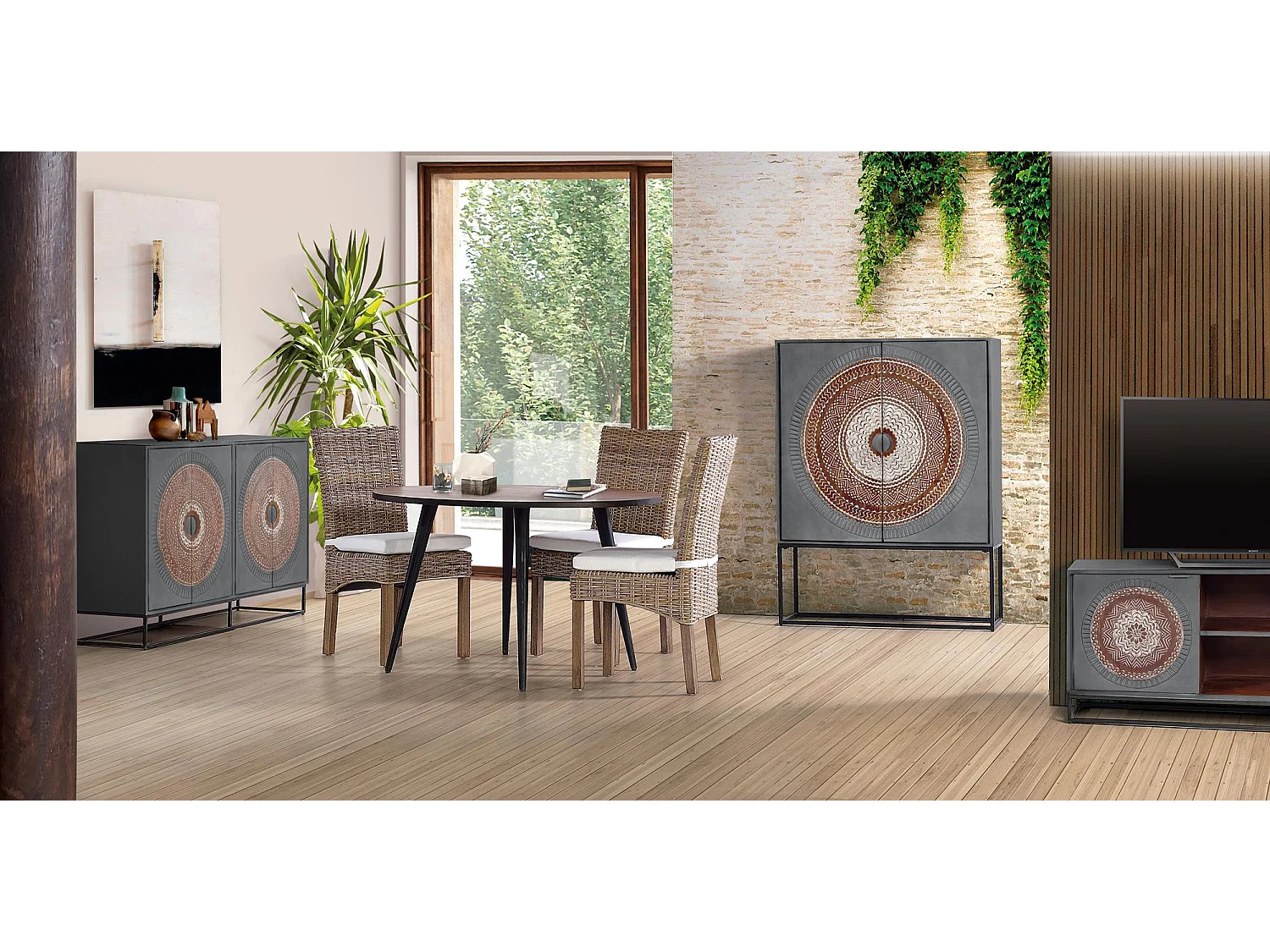 Buffet em metal cinza e marrom.