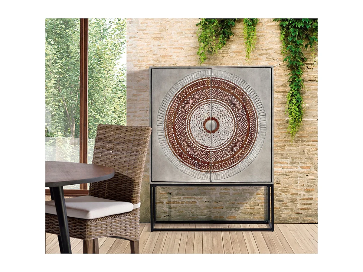 Buffet en bois de manguier 107 cm, style industriel ethnique contemporain - 142 x 107 x 40