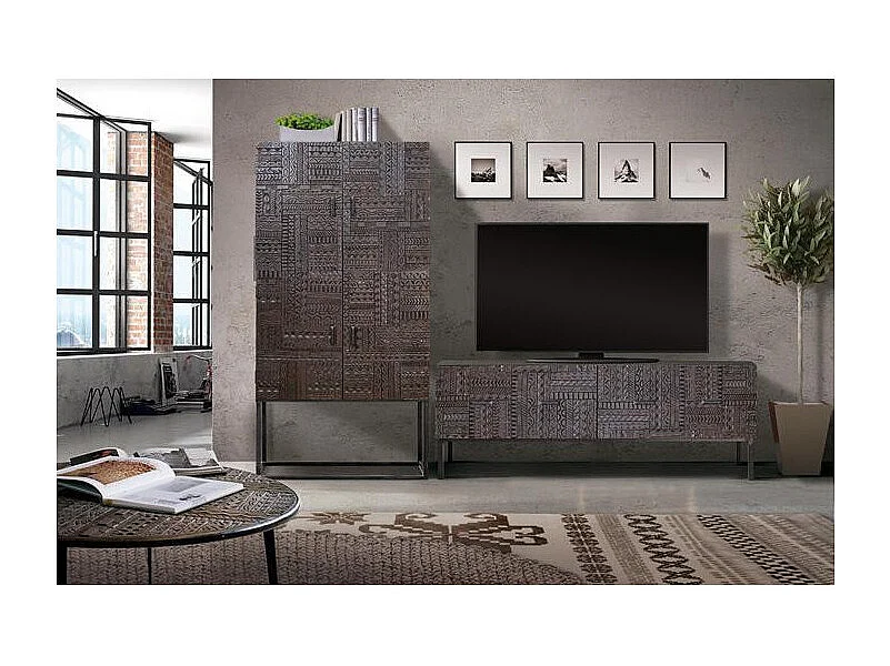 Vitrinekast in manguierhout en metalen poten