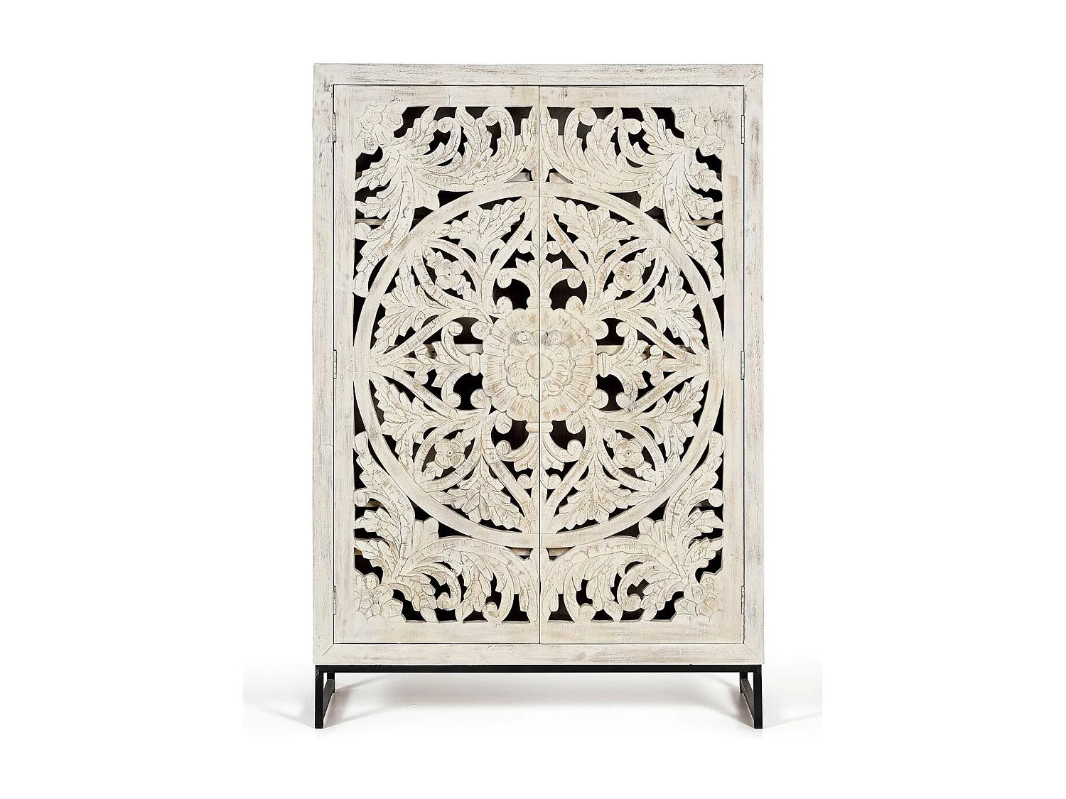 Vitrine en manguier et pieds en métal blanc vieilli