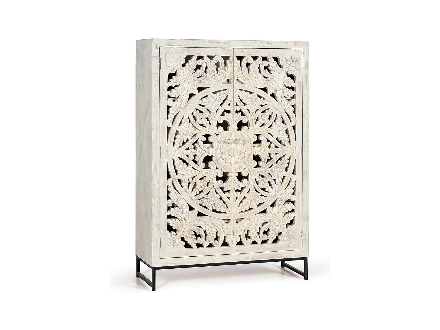 Vitrine en manguier et pieds en métal blanc vieilli