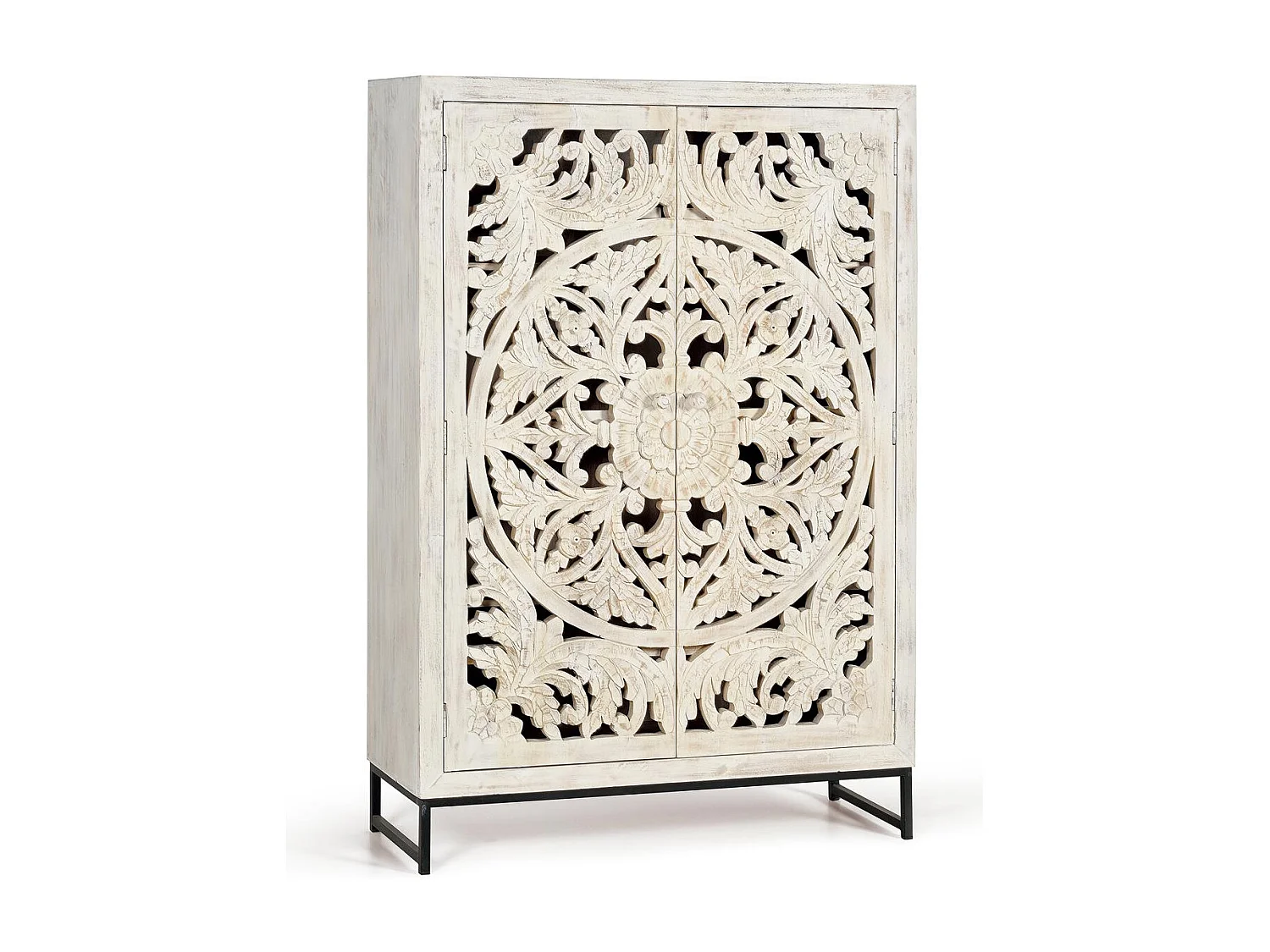 Vitrine en manguier et pieds en métal blanc vieilli