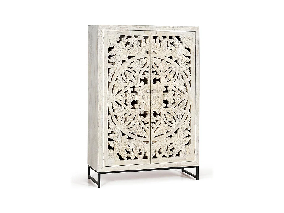 Armoire en bois de manguier 110 cm, style ethnique bohème sculpté - 160 x 110 x 40