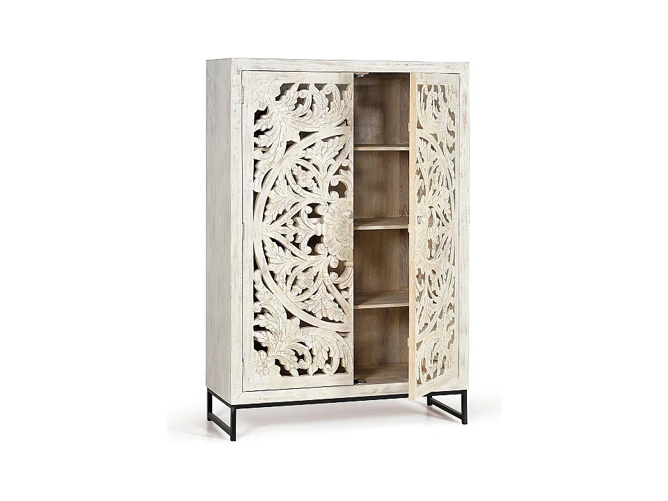Armoire en bois de manguier 110 cm, style ethnique bohème sculpté - 160 x 110 x 40