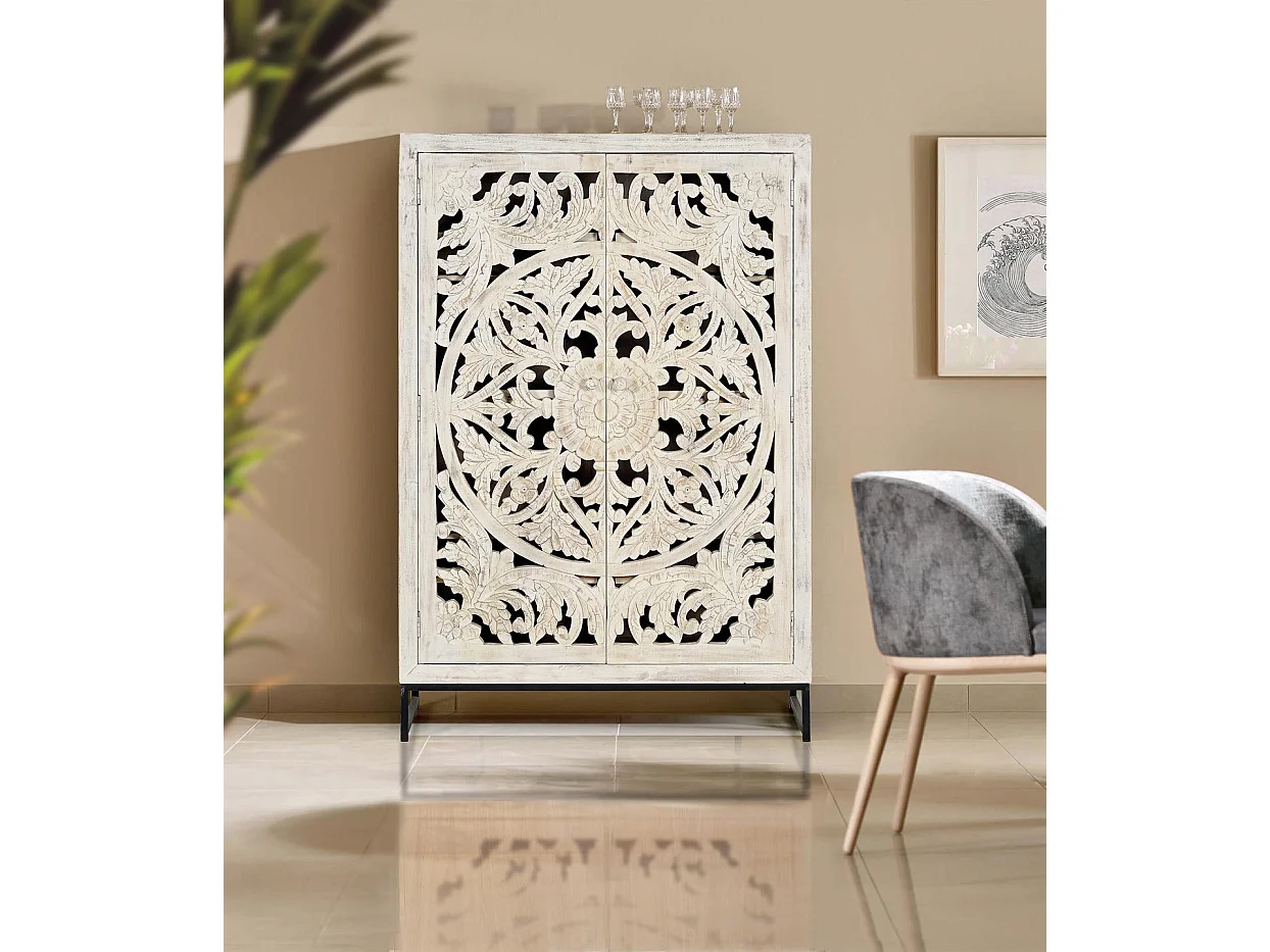 Armoire en bois de manguier 110 cm, style ethnique bohème sculpté - 160 x 110 x 40
