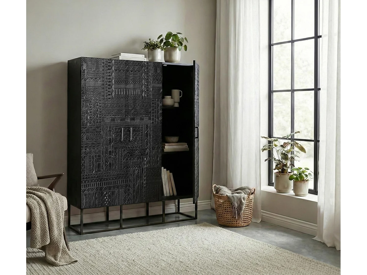 Armoire en bois de manguier 120 cm, style ethnique - 135 x 120 x 40