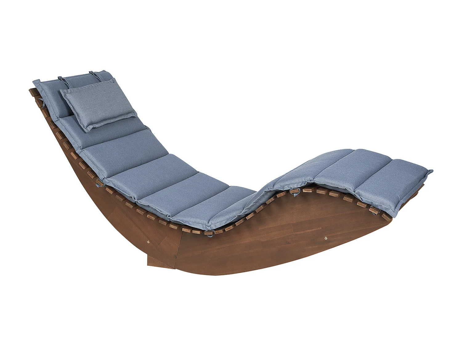 Gartenliege Akazienholz dunkler Holzfarbton Auflage blau geschwungen Brescia