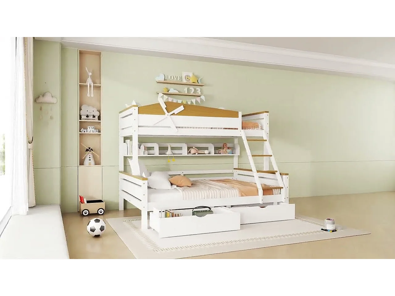 Lit superposé 90x200cm & 140x200cm - avec échelle、étagères et 2 tiroirs - en bois de pin et MDF - Blanc