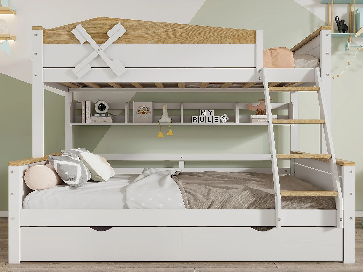 Stapelbed 90x200cm & 140x200cm - met ladder, planken en 2 laden - grenenhout en MDF - Wit