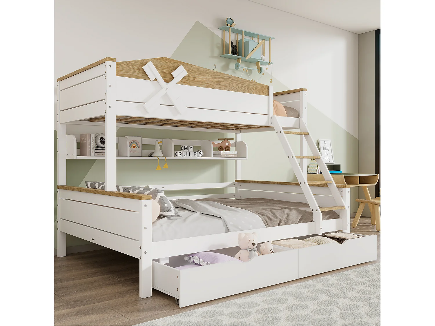 Stapelbed 90x200cm & 140x200cm - met ladder, planken en 2 laden - grenenhout en MDF - Wit