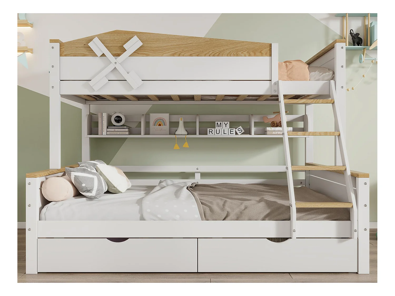 Lit superposé 90x200cm & 140x200cm - avec échelle、étagères et 2 tiroirs - en bois de pin et MDF - Blanc